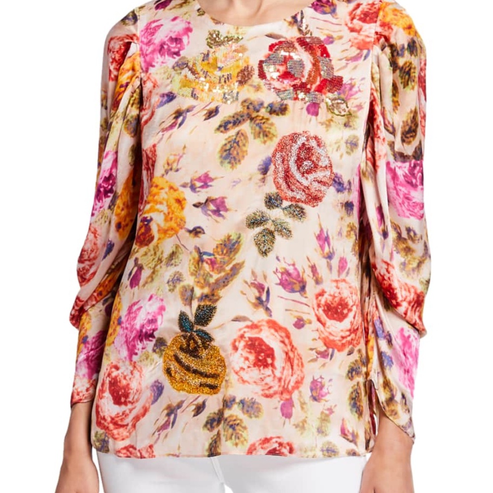 Hailee Floral Jewel-Neck Puff-Sleeve Blouse, NWT Size M